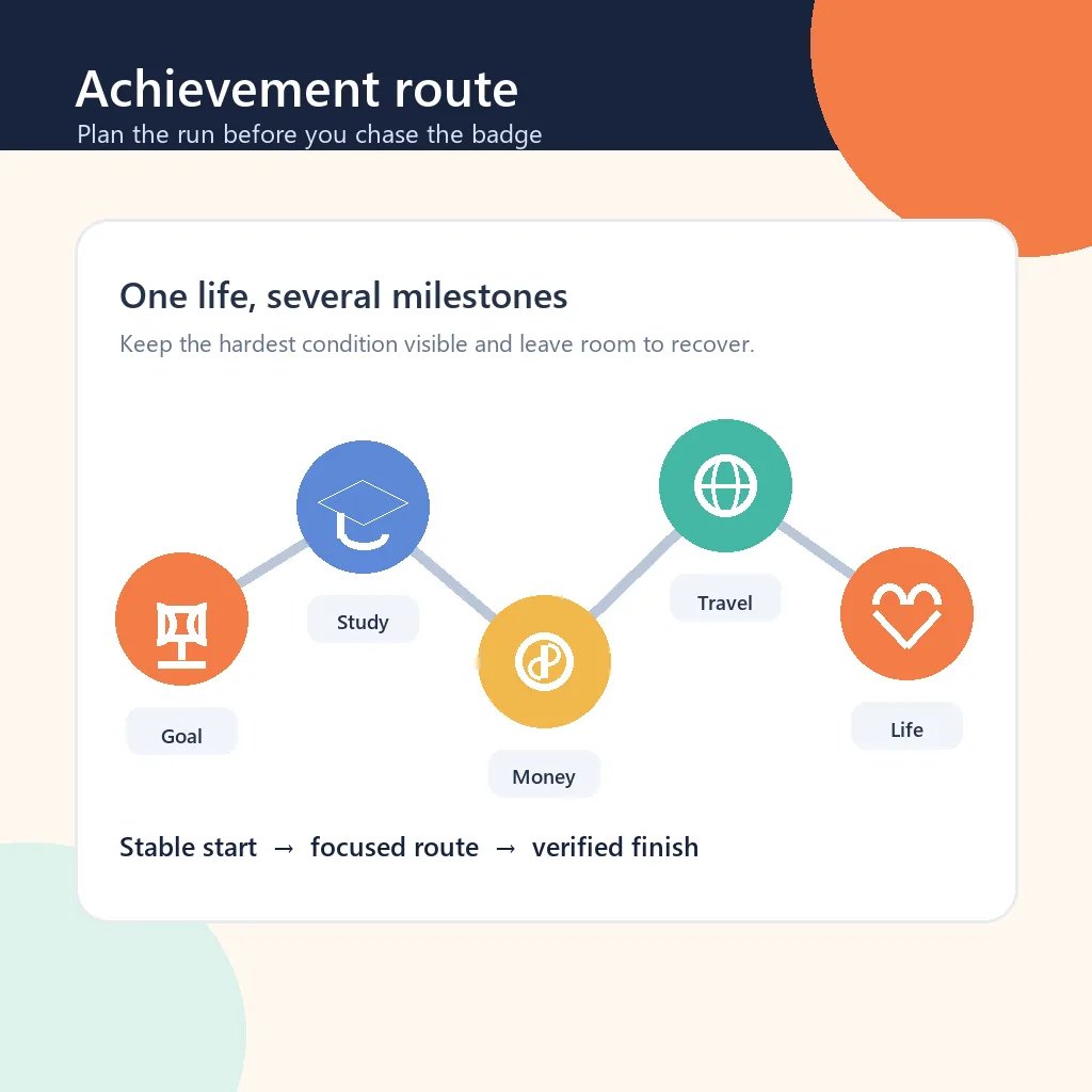 Illustration éditoriale d'un personnage BitLife traversant des étapes de carrière, d'études, d'argent, de voyage et de vie