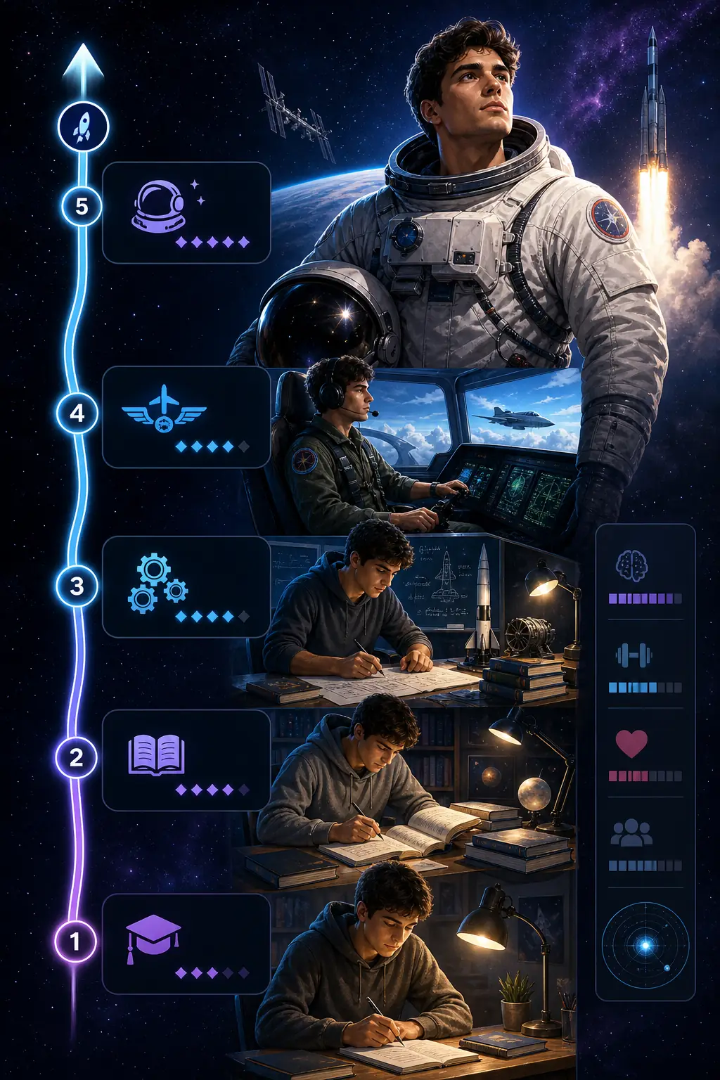 Illustration des BitLife-Astronautenpfads mit Studium, Flugtraining und Raumfahrt-Meilensteinen