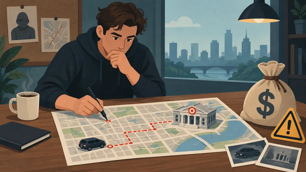Illustration conceptuelle d'un braquage de banque BitLife avec itinéraire, cible, voiture de fuite et signal de danger