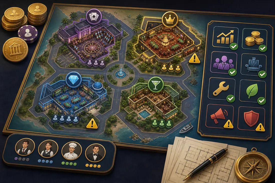 Editorial BitLife casino expansion map with chips, budget markers, and planning zones