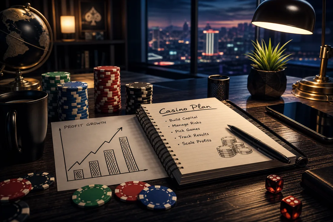 Editorial BitLife casino strategy illustration with chips, planning notes, and a profit chart