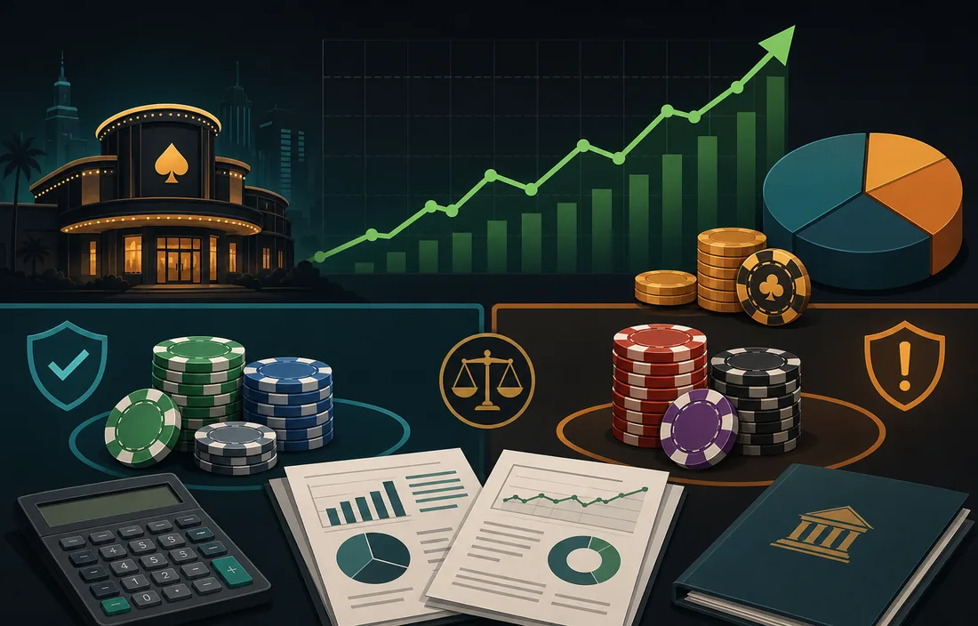 Editorial casino profit check illustration with chips, a calculator, and an upward chart