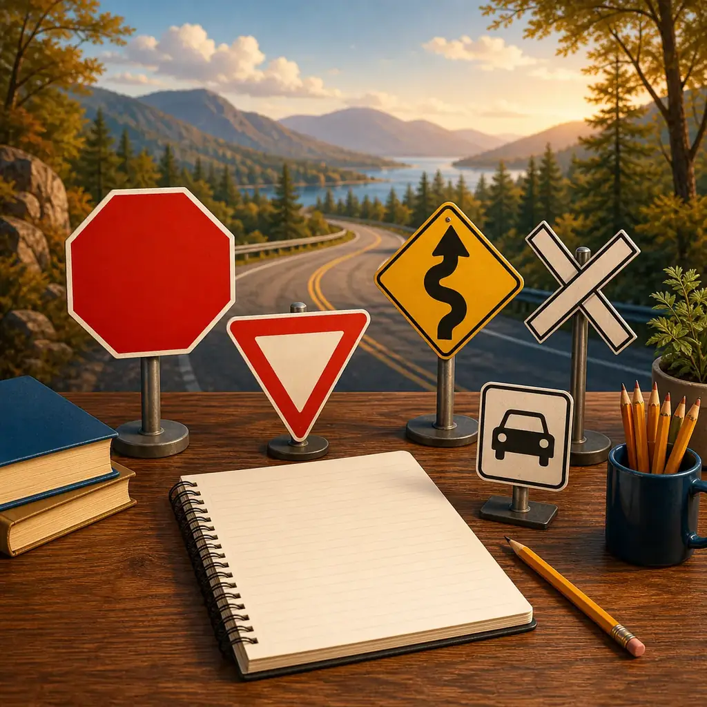 Editorial illustration of road signs and a blank study notebook beside a winding road