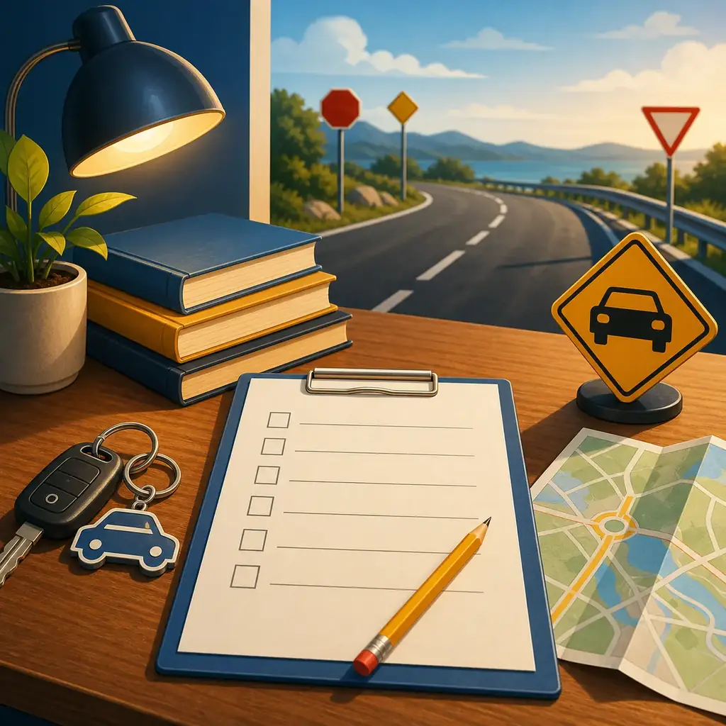 Editorial driving-test preparation scene with a blank checklist, car keys, map, and road signs
