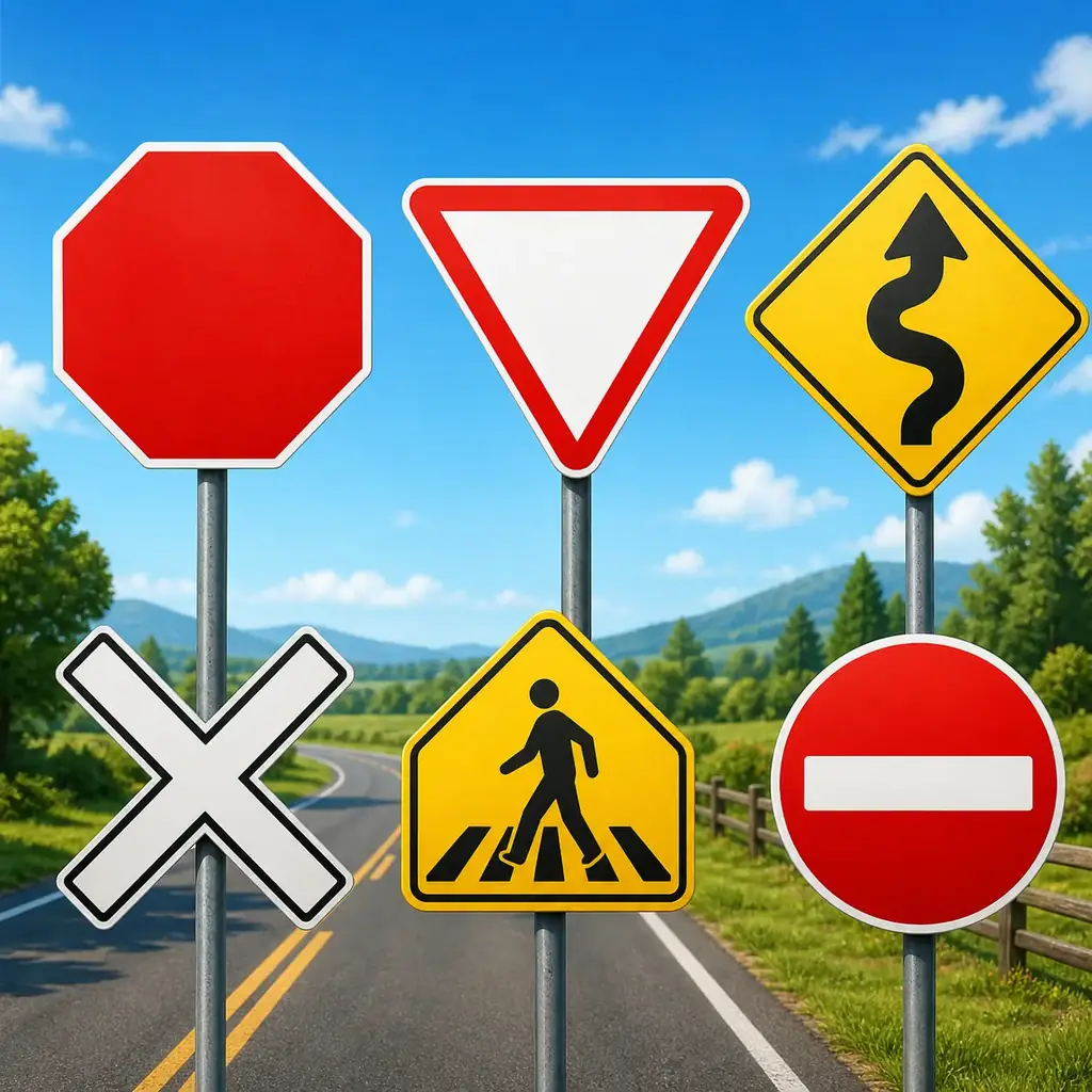 Editorial road-sign study graphic showing stop, yield, warning, railroad, pedestrian, and no-entry signs