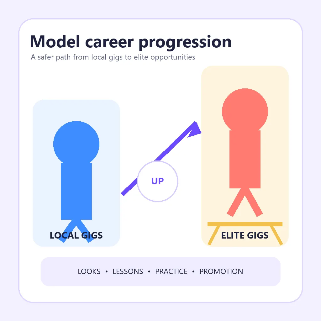 Editorial illustration of a BitLife model career moving from local gigs toward elite gigs