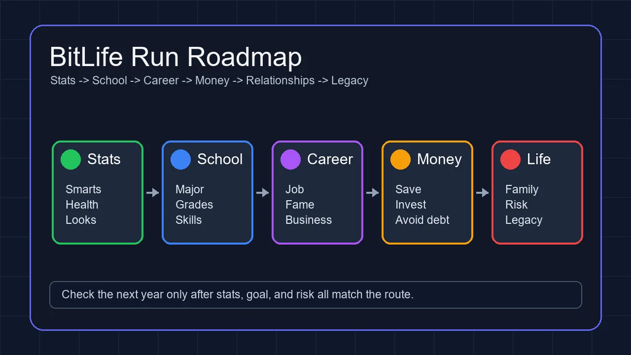 BitLife guide roadmap showing early life, school, career, money, relationships, and legacy decisions