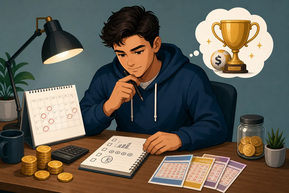 Ilustracion editorial de una estrategia de loteria en BitLife con boletos, ahorro y calendario