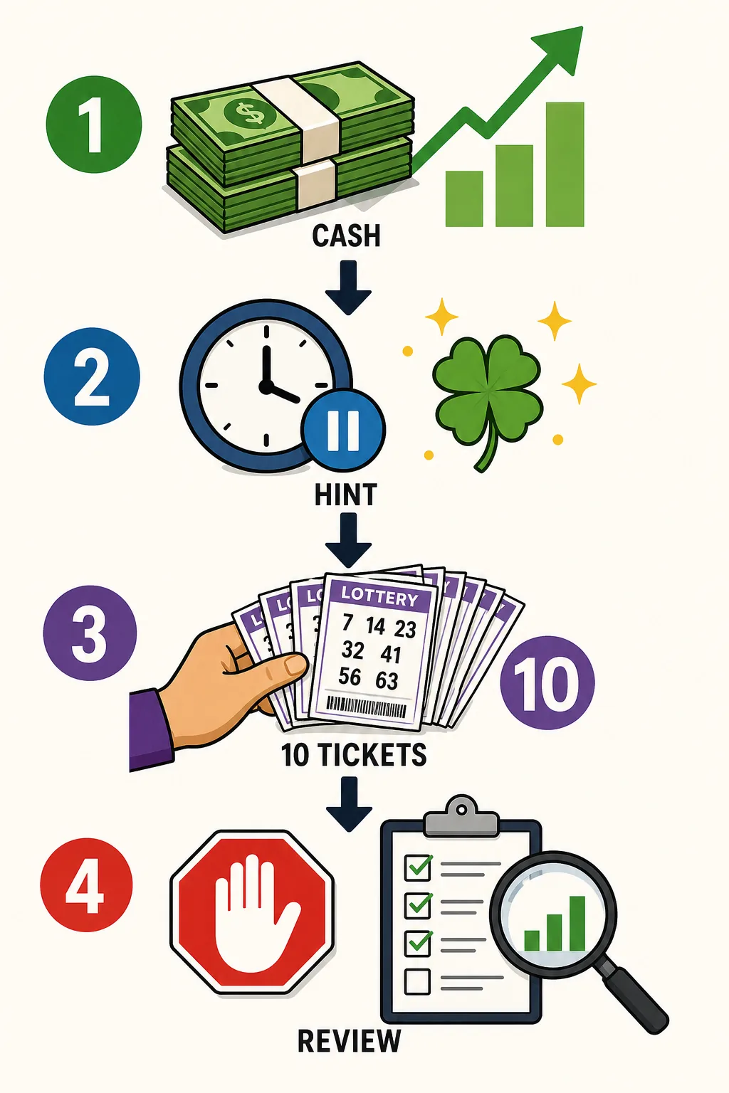 Flujo de cuatro pasos para intentar la loteria en BitLife con dinero, pista de suerte, diez boletos y revision