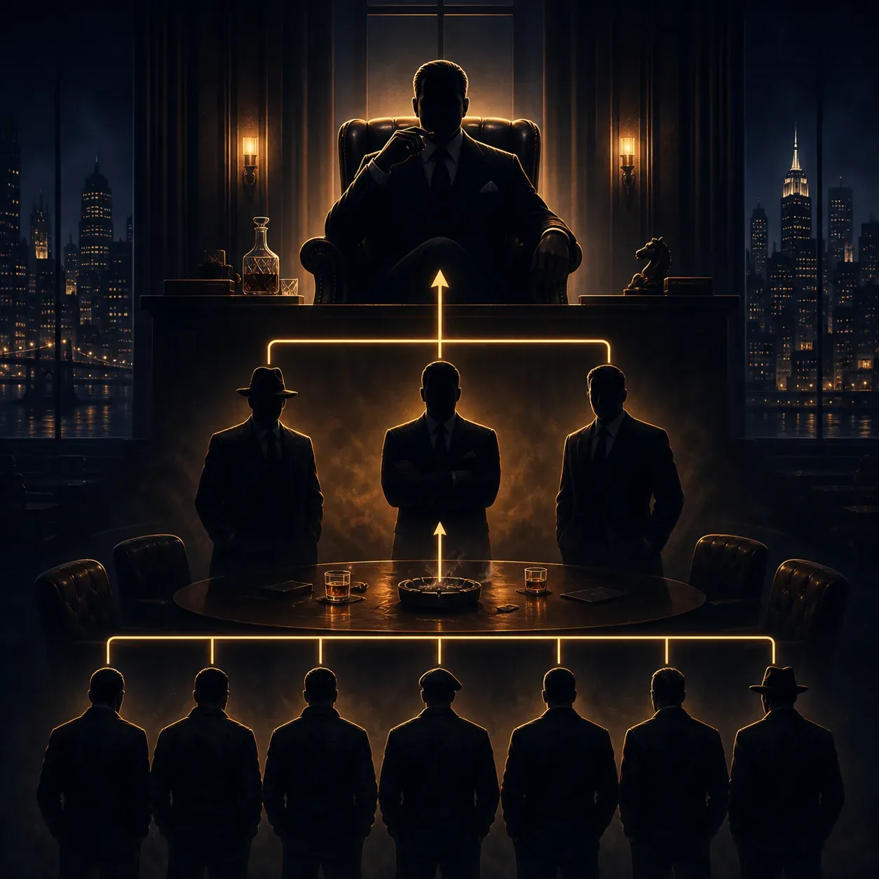 Illustration conceptuelle de la hiérarchie mafia et de la progression vers un chef