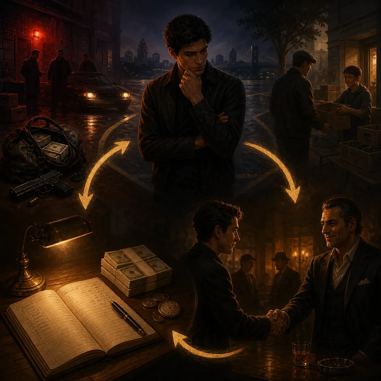 Illustration conceptuelle de la boucle argent, loyauté, choix et risques dans la mafia BitLife