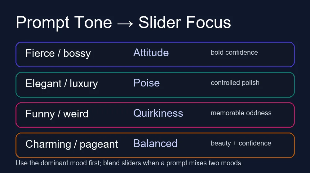 Schema risposte modello BitLife per Attitude, Poise e Quirkiness