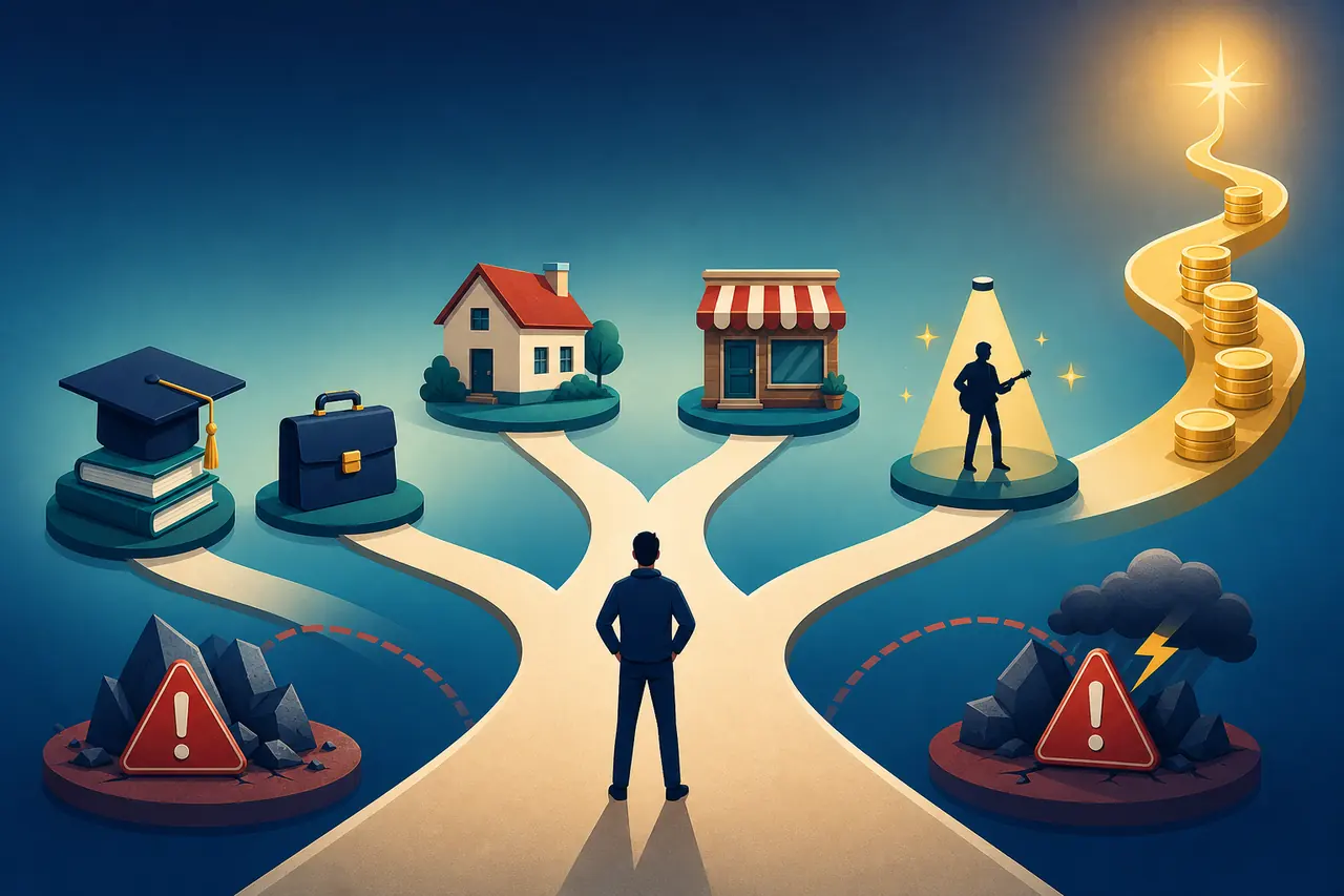 Redaktionelle Illustration zu Bildung, Beruf, Immobilien, Unternehmen und Ruhm als Wege zum Reichtum in BitLife
