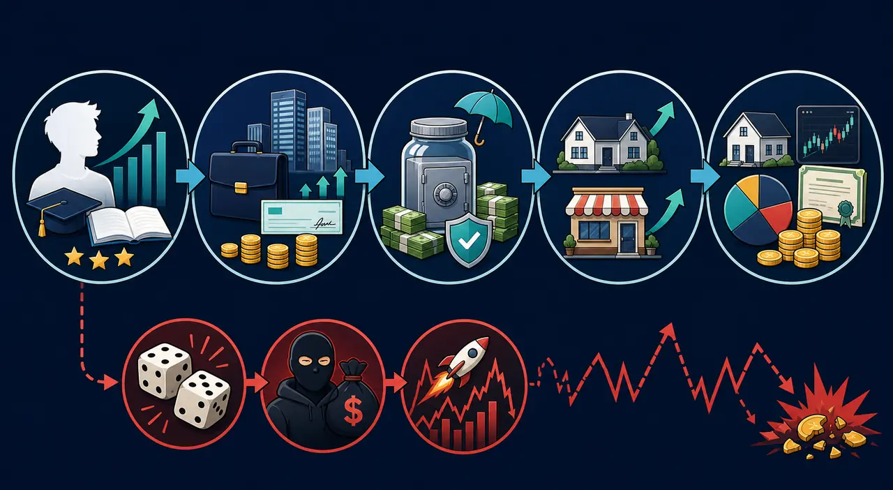 Fünfstufiger BitLife-Vermögensplan mit getrenntem Hochrisiko-Weg