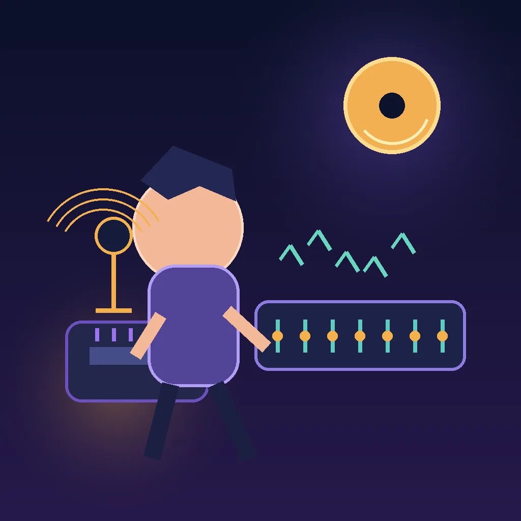 Ilustración editorial de un personaje de BitLife entre un micrófono y una consola de producción musical