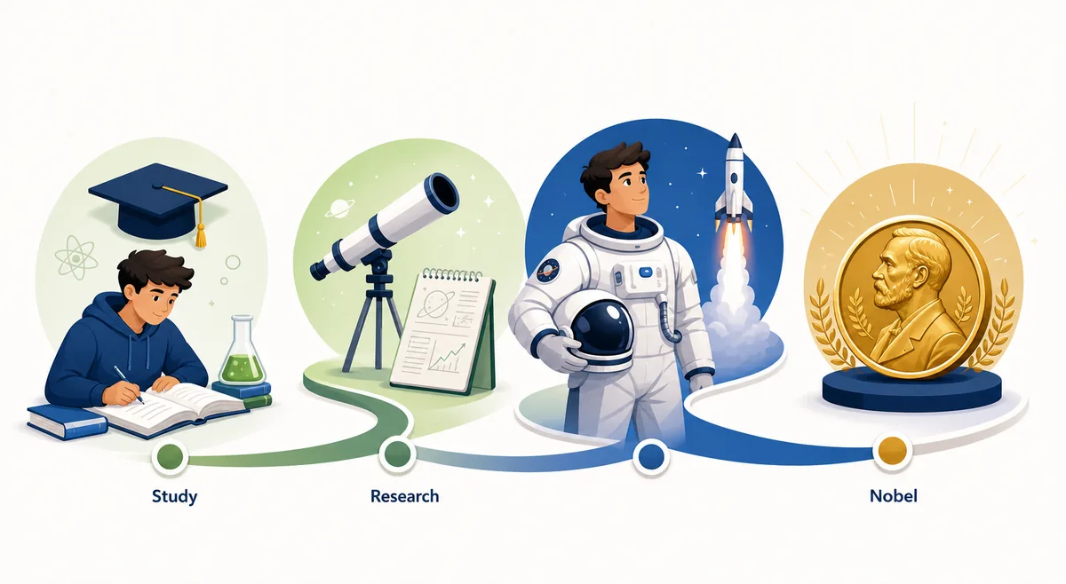 Editorial BitLife Nobel Prize route illustration showing study, research, astronaut work, and a Nobel medal