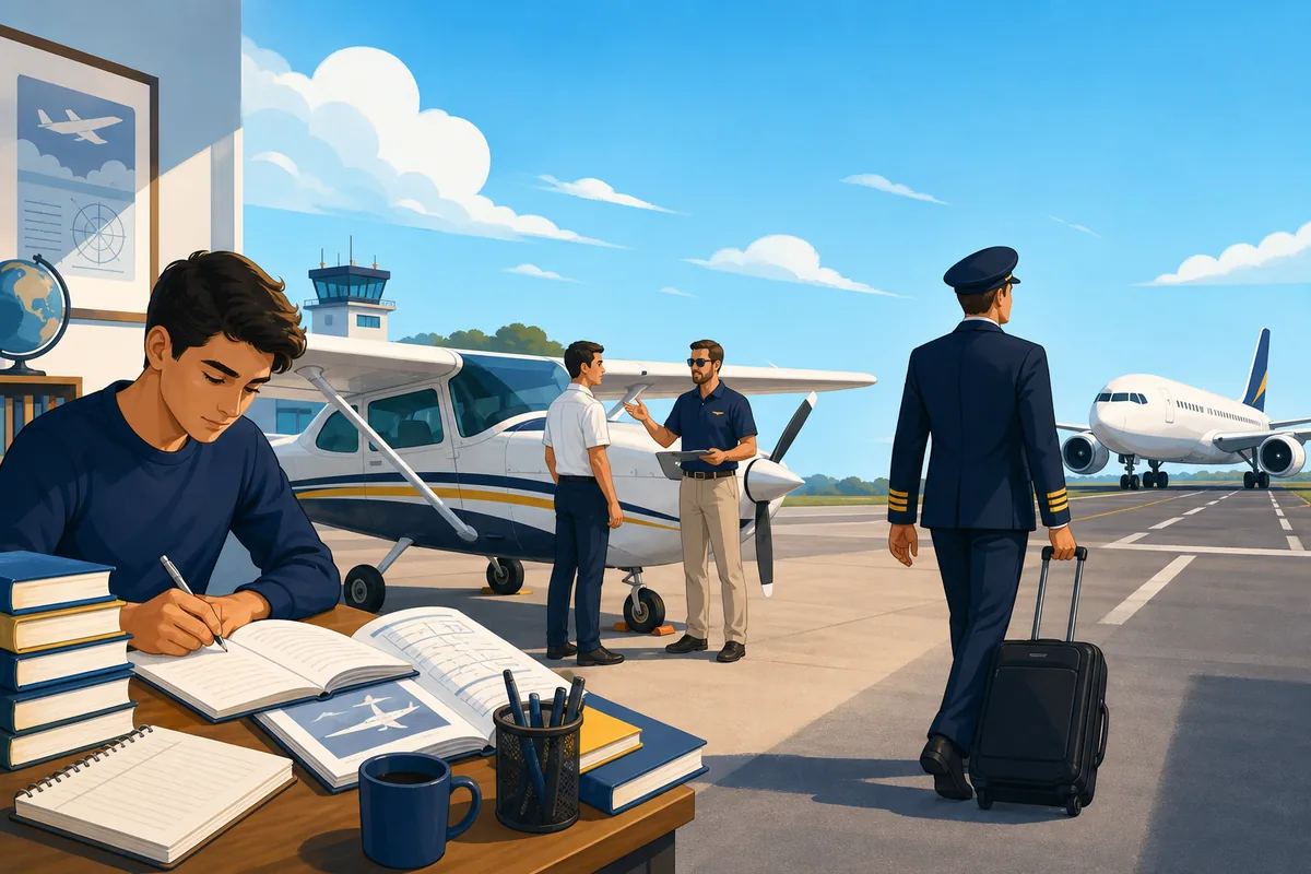Ilustración editorial de la ruta para ser piloto en BitLife