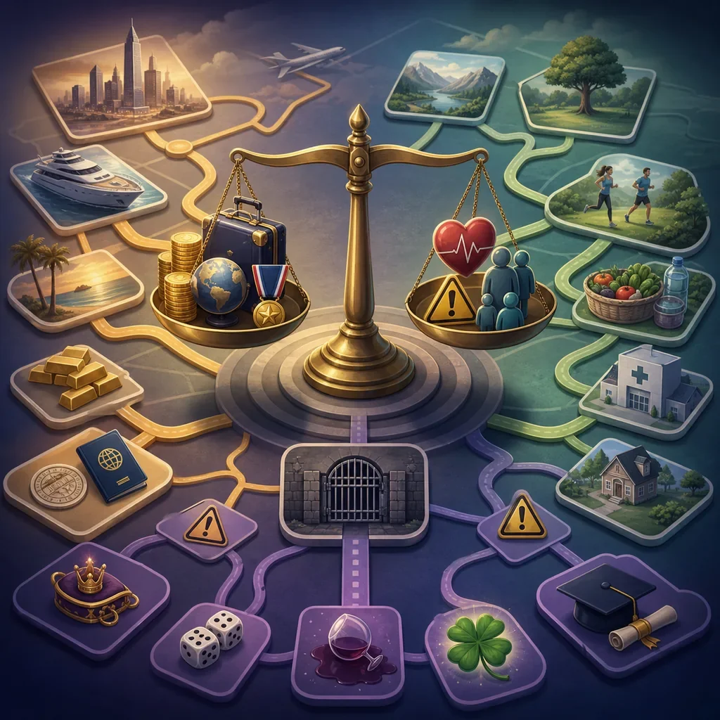 Mapa conceitual de riscos do BitLife entre dinheiro, saúde, família, viagem e prisão