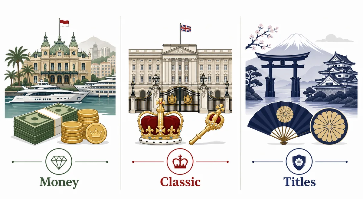 Editorial BitLife royalty country comparison showing Monaco, the United Kingdom, and Japan as different royal-route examples