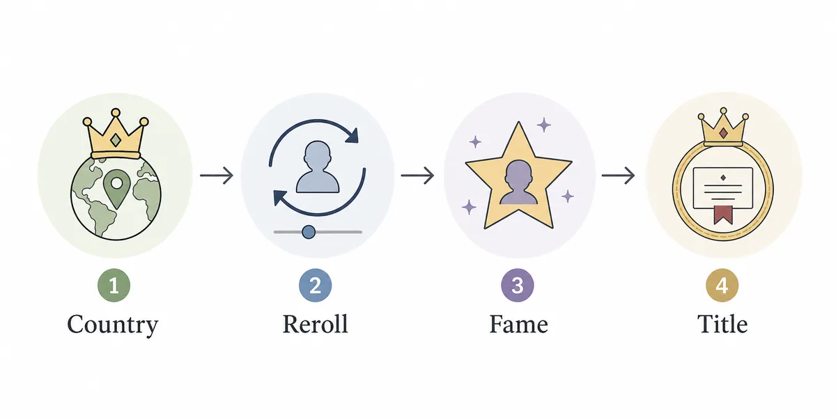 Editorial BitLife royalty path flow showing country choice, rerolling, fame, and title steps