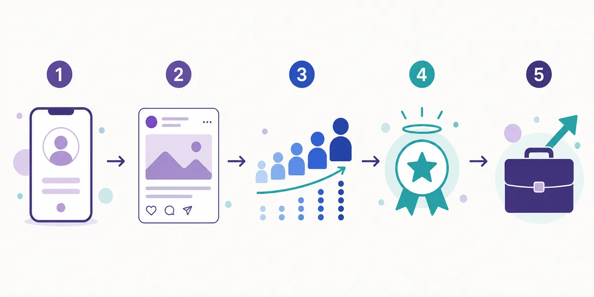 Five-stage illustrative flow from a BitLife social account to followers, reputation, and a career opportunity