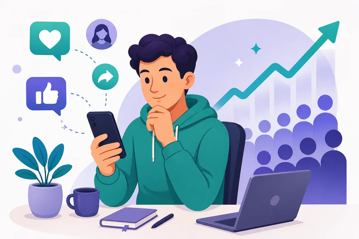 Illustrative BitLife social media scene with a phone, audience, and follower growth line
