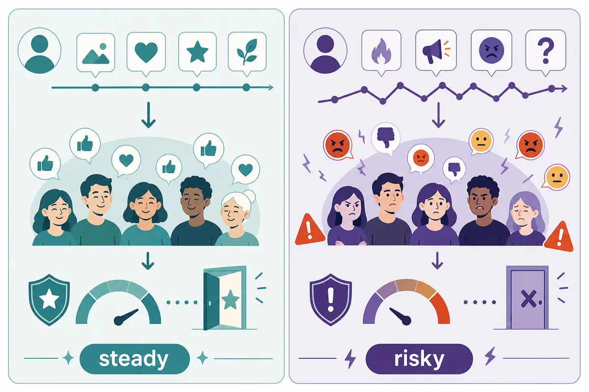 Illustrative comparison of steady and risky social media choices in a BitLife run