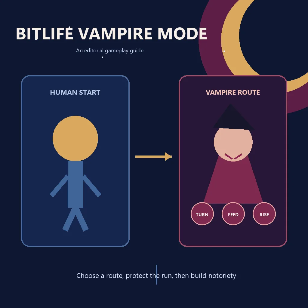 Ilustración editorial de un personaje de BitLife eligiendo una ruta de vampiro bajo la luna