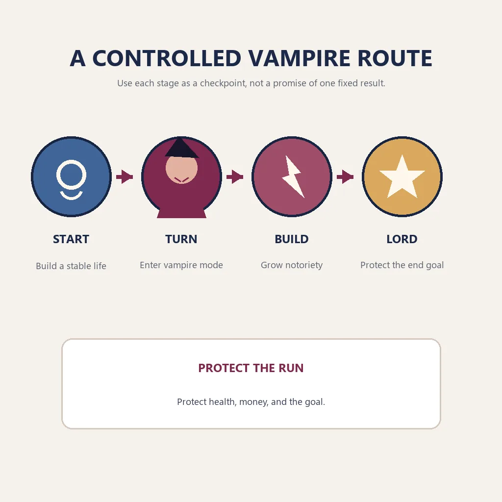 Flujo editorial de cuatro etapas desde un personaje estable de BitLife hasta el objetivo Vampire Lord